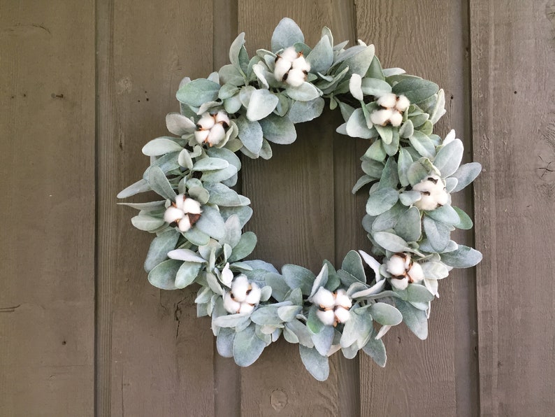 17”-18” Lambs Ear and Cotton Bolls Farmhouse Wreath/ Farmhouse Wreath ...