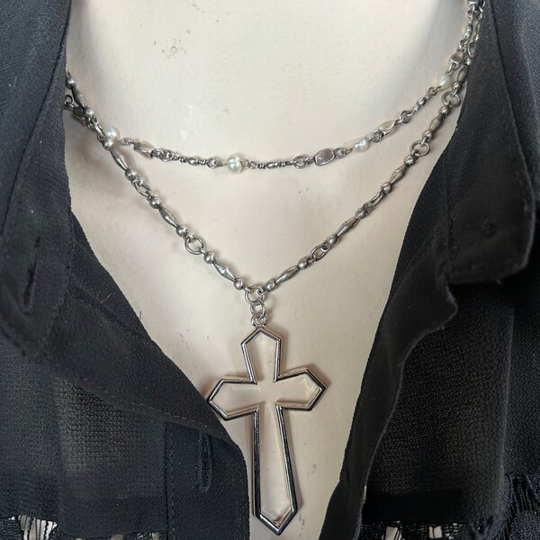 thumbnail interactive-video image 1 of 925 Sterling Silver Double Cross Pendant Necklace With 2 CT Lab Diamonds | 18 Inch 1 of 3