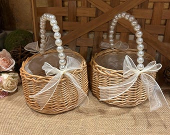 Pearl handle Flower girl basket natural woven