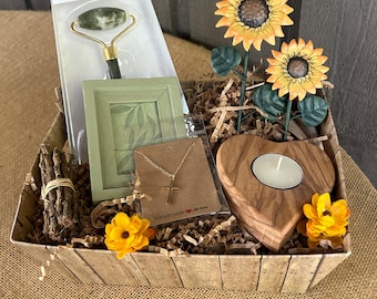 Relaxation Gift Basket: Jade Roller, Necklace, Sunflower Photo Holder