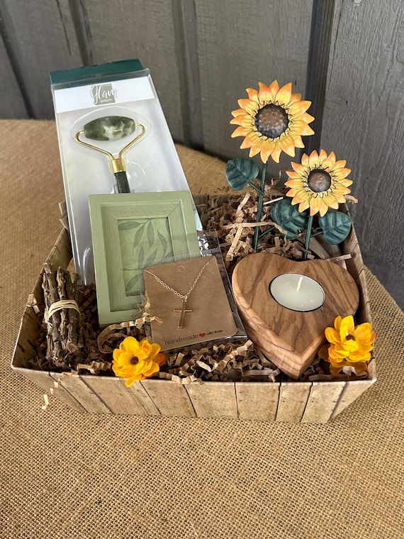 Relaxation Gift Basket: Jade Roller, Necklace, Sunflower Photo Holder
