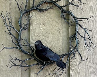 Gothic Black Twig Branch Halloween Wreath for Front Door, Dark Academia
