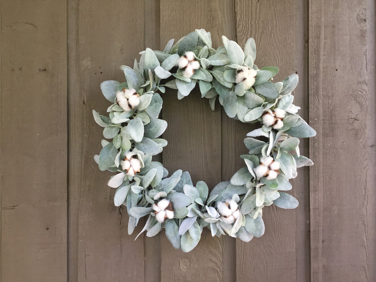 17”-18” Lambs Ear and Cotton Bolls Farmhouse Wreath/ Farmhouse Wreath ...