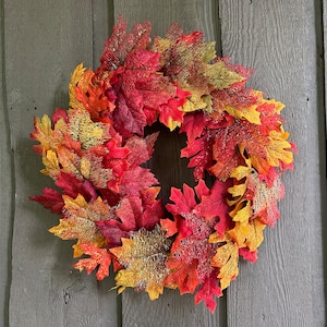 Fall leaves wreath fall candle ring glitter leaves wreath fall front door decor mantle entryway decor housewarming gift hostess wreath gift