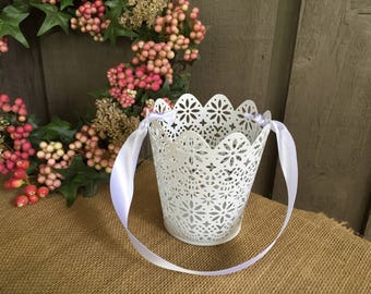 SMALL metal Lace basket/lace flower girl basket/metal lace basket/flower girl basket/rustic flower girl basket/industrial flower girl basket