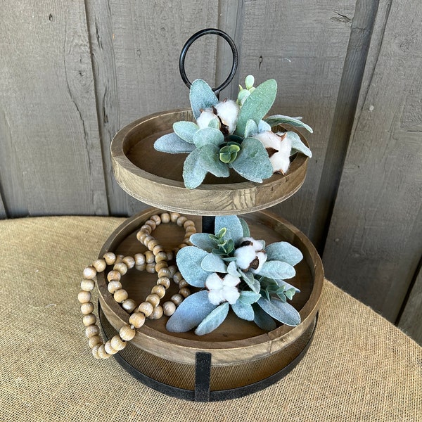 Lambs ear, eucalyptus and cotton bolls greenery for tiered tray/ farmhouse greenery/ farmhouse tiered tray decor/lambs ear, eucalyptus decor