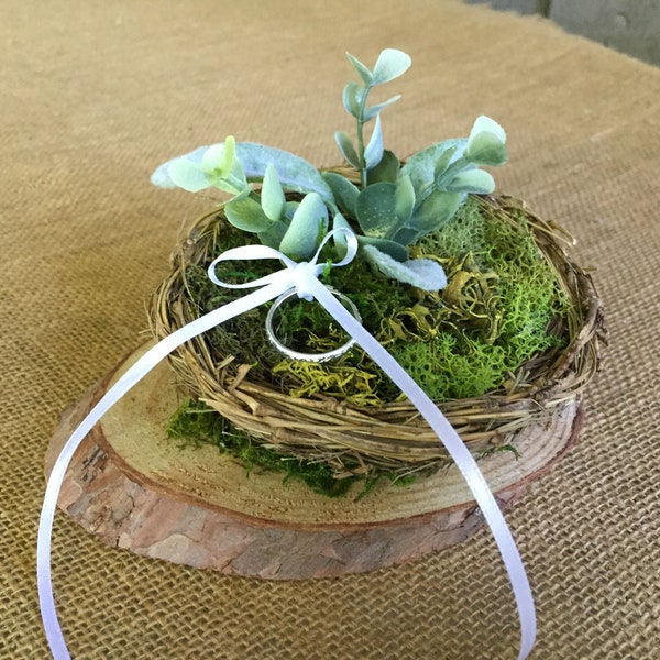 Ring bearer nest on wood slice with eucalyptus and lambs ear/ wedding nest for ring bearer/ ring bearer alternative/ ring nest / rustic nest