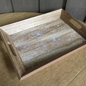 Vintage scrolled wood tray decorative coffee table flowers tray serving entertaining tray with built in handles kitchen island or bar decor