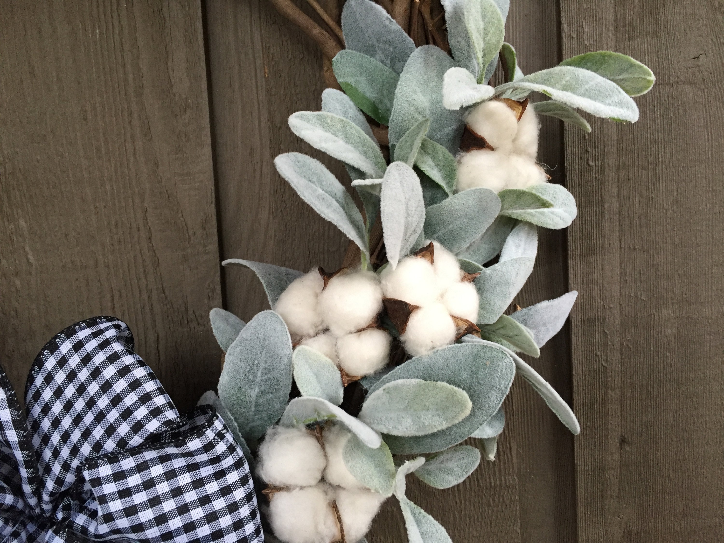 Lamb's Ear and Cotton Bolls Wreath/ Farmhouse Wreath/ Lamb's Ear Wreath ...