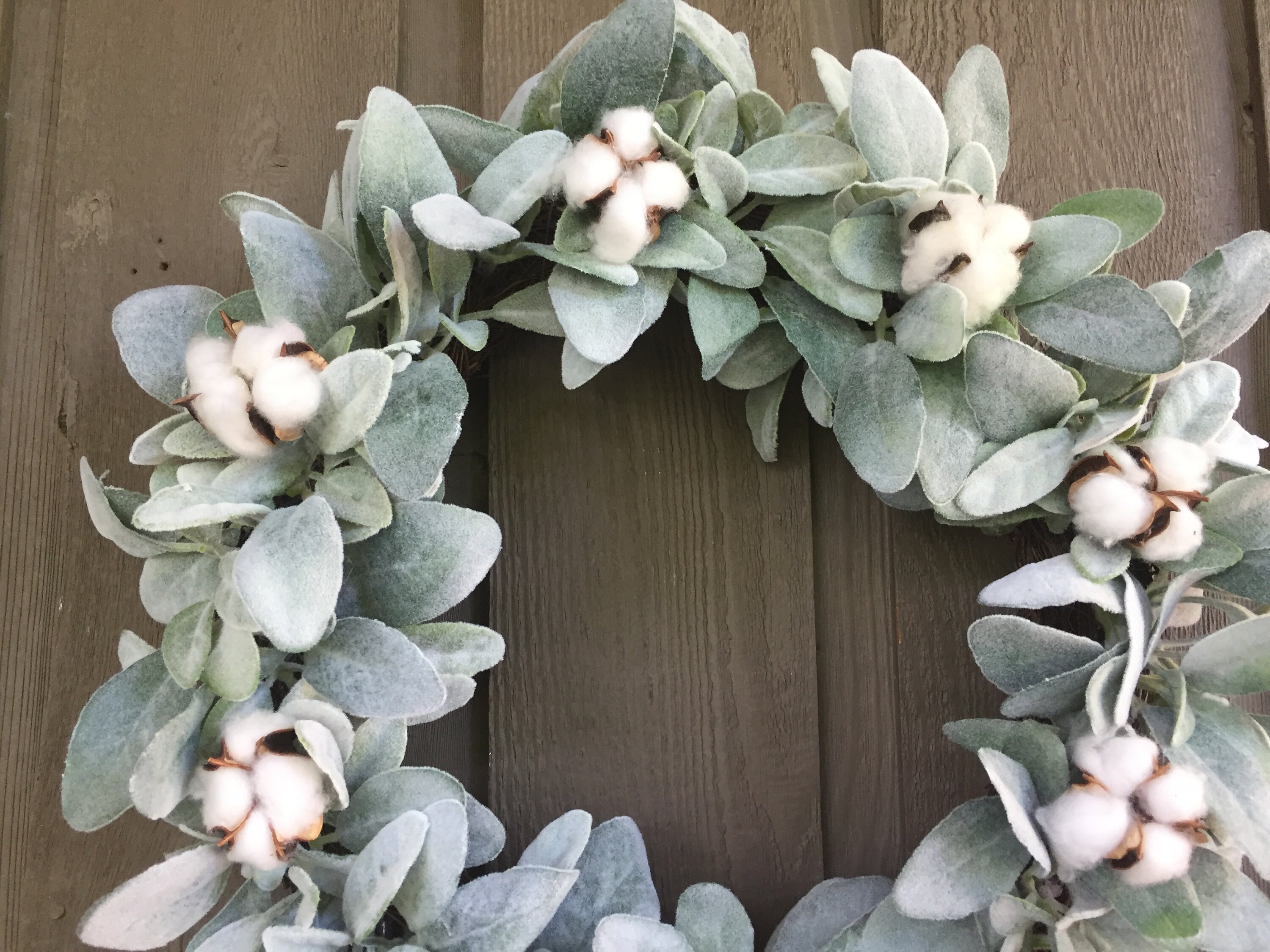 17”-18” Lambs Ear and Cotton Bolls Farmhouse Wreath/ Farmhouse Wreath ...