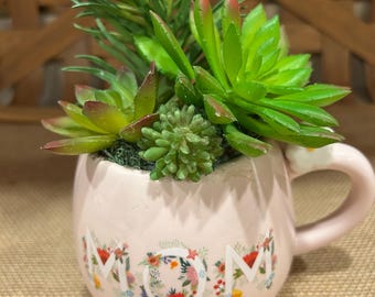 Faux Succulent Arrangement in Mom Mug realistic no upkeep just because gift desk decor