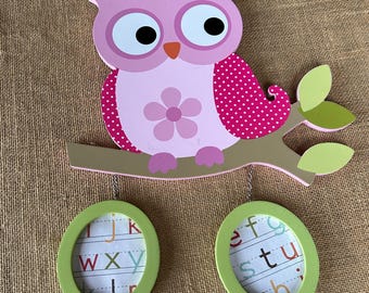 Pink colorful owl with 2 picture frames Childs nursery bedroom decor