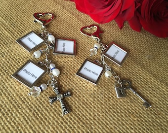Bouquet photo charms/ wedding bouquet photo charms/ photo charms/ boutonnière photo charms/ lock and key bouquet charms/ cross bouquet charm