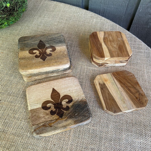 Wood coasters/ vintage wood coasters/ Fleur de lis coasters/ set of rustic wood coasters/ hostess gift/ coasters/ rustic vintage coasters