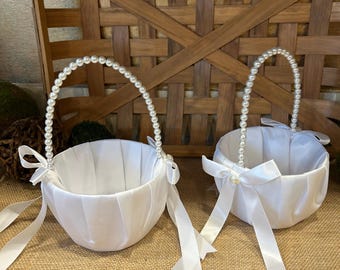 Flower girl basket with pearl handles white satin basket for toddler