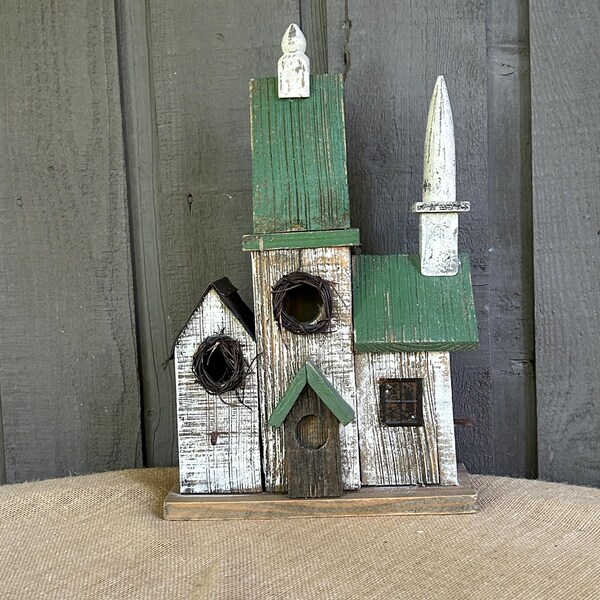 Large vintage birdhouse wooden rustic garden decor antique style detailed decorative farmhouse cottagecore ornate birdhouse art piece gift