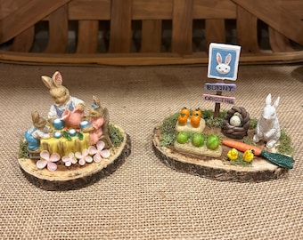 Set of mini Bunnies on wood slice Easter Fairy garden decor