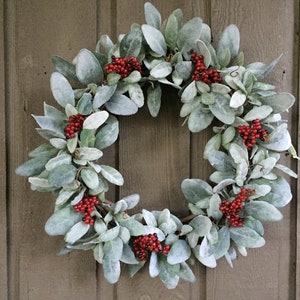 15 Lambs Ear Farmhouse Christmas Wreath With Red Berries/farmhouse ...