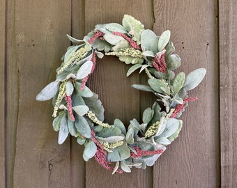 Lambs ear and berry stems wreath Cottage-core front door decor