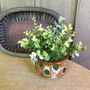 May include: A small, round, ceramic pot with a brown and white glaze, filled with faux greenery. The pot has green moss accents and is set on a burlap surface. An oval, wooden tray with a dark finish is in the background.