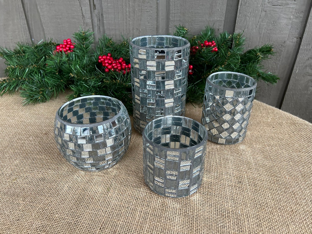 Vintage Silver Mosaic Vases/ Silver Candle Holders/ Mosaic Candle