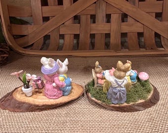 Easter mini Bunnies set Fairy garden collectibles on wood slice