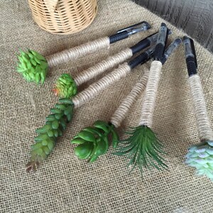 May include: Six black pens wrapped in twine with different types of green artificial succulents attached to the ends.