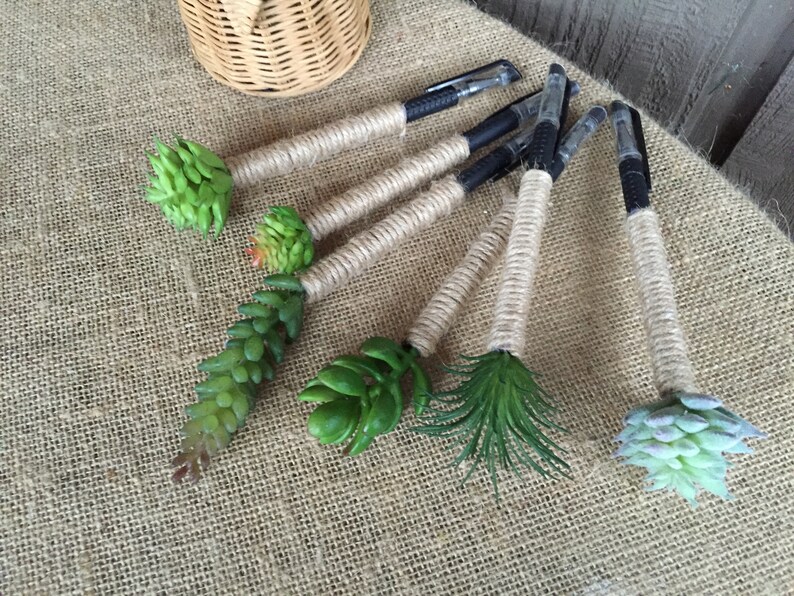May include: Six black pens wrapped in twine with different types of green artificial succulents attached to the ends.