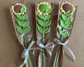 Crocheted sunflowers and leaves textured vase with greenery teacher gift