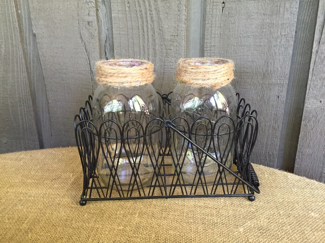 2 Mason Jars in a Black Metal Carrier/ Office Storage / Farmhouse Mason