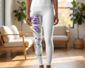 Purple Butterfly Floral Leggings High Waisted Yoga Leggings | Butterfly Wing AOP