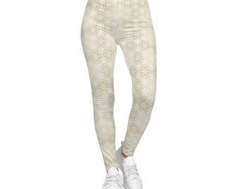 Gold Mandala Leggings White Yoga Pants All Over Print Geometric Tights Sacred Geometry Festival Clothing Rave Streetwear Activewear Workout