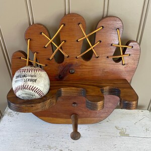 thumbnail image 2 of Rustic Burnt Wood Baseball Bat & Ball Wall Rack With Shelf & Hat Hooks - Sports Memorabilia Display Organizer 2 of 13