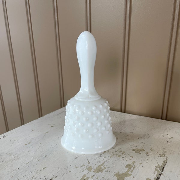 Fenton hobnail milk glass bell with glass clapper