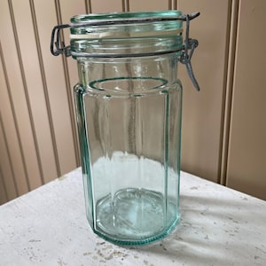 Aqua paneled glass hinged lid canister with wire bale Made in Italy