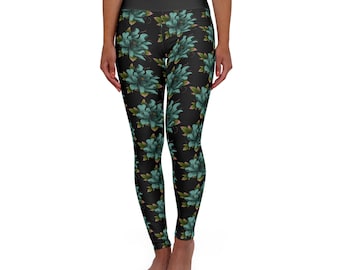 Blue Neo Traditional Peony Design on Black High Waisted Yoga Leggings