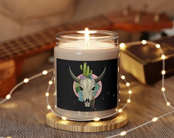 Bull Skull Succulent Cactus Floral Nature Western Pastel Design on Scented Soy Candle, 9oz