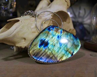 Labradorite Spectrolite Pendant Necklace: Sterling Silver Bezel, High Flash Stone