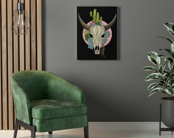 Cow Skull Cactus Stretched Canvas Print: Southwestern Wall Art