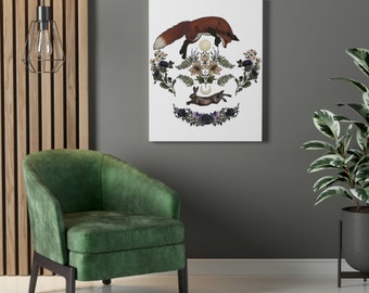 Fox and Hare Cotton Canvas Print: Floral Totem Wall Art