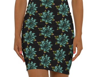Blue Peony Tattoo Print Pencil Skirt: Goth Boho Mini Skirt