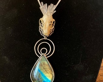 Handmade Sterling Silver Labradorite Bat Skull Pendant: Quartz Point Necklace
