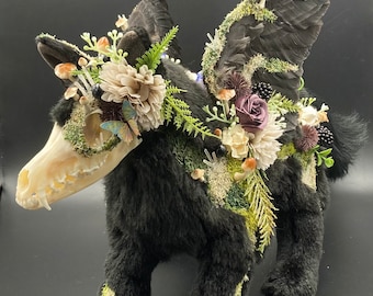 Black Wolf Plush Room Guardian: Red Fox Skull, Crow Wings, Floral Moss
