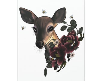Deer & Peonies on Stretched Canvas