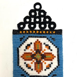 Vintage Blue Bell Pull Wall Hanging; Nordic Style Handmade Needlepoint Bell Pull