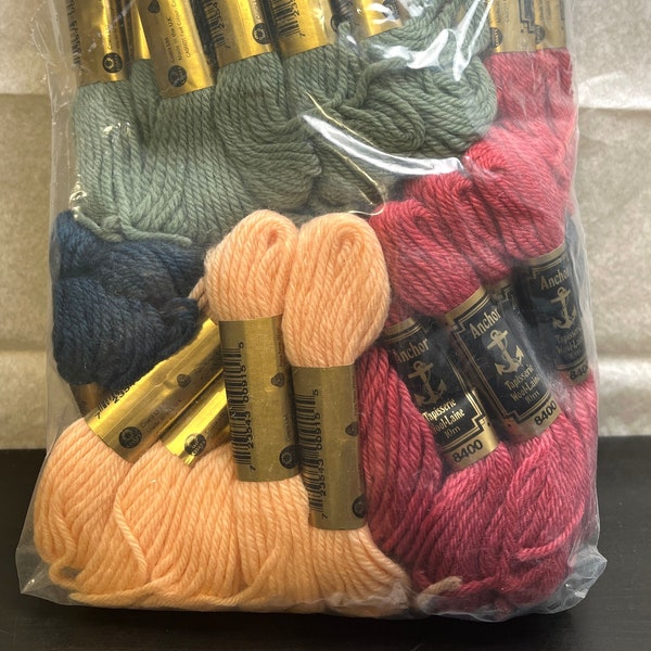 Lot of Anchor Tapisserie Wool-Laine 4-Ply Yarn Skeins in Green, Blue, Peach, and Reddish