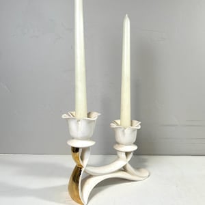 Vintage Ceramic White and Gold Candlestick Holder for 2 Candles