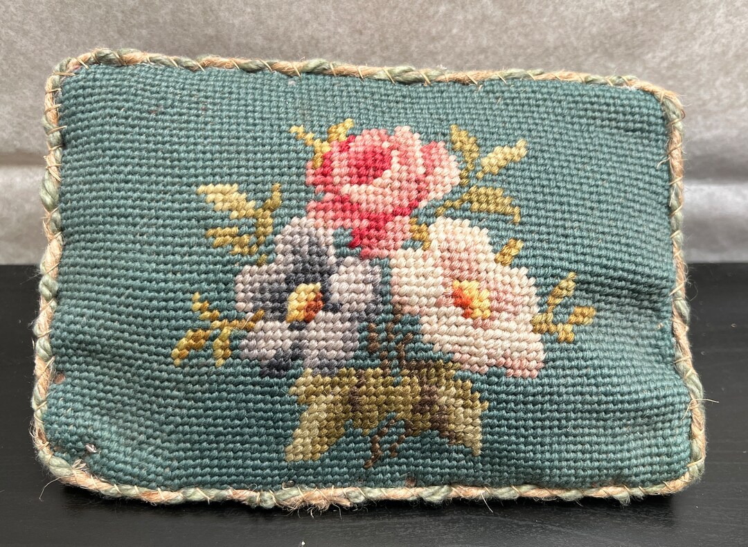 Antique Floral Needlepoint Doorstop Rose, Pansy Needlepoint Door Stop