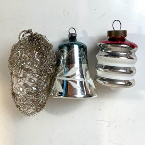3 Vintage Mercury Glass Christmas Ornaments; Made in Poland Ornaments; Indented Polish Christmas Ornaments with Reflector Paint
