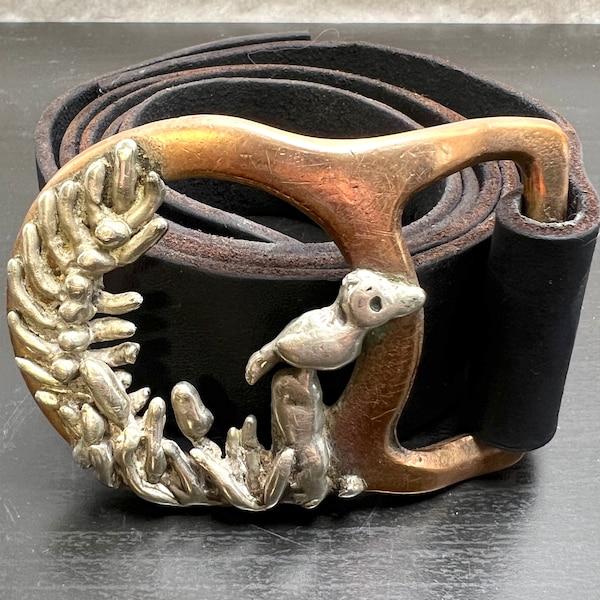 Handmade Vintage Belt and Buckle with Black Leather and Metal Featuring a Bird